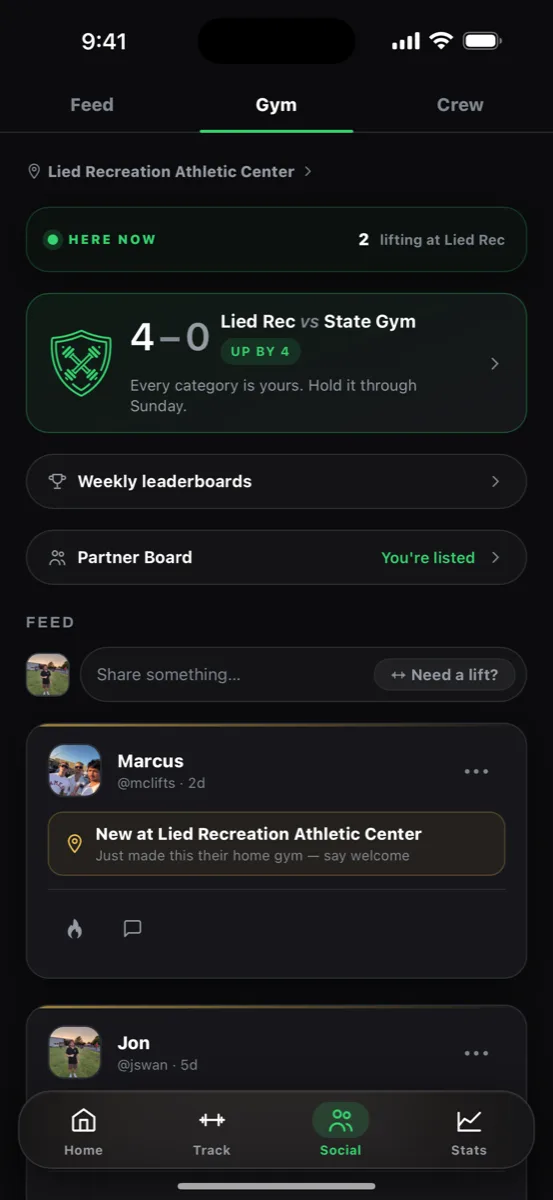 Ceko gym tab showing Lied Rec vs State Gym, 4 to 0, up by 4, with weekly leaderboards and the Partner Board