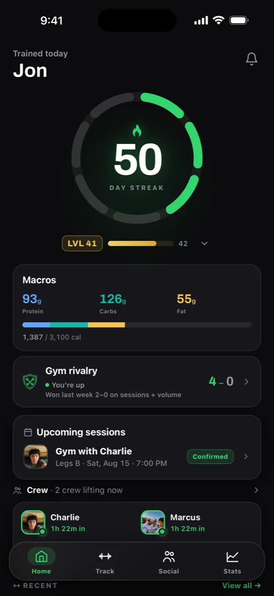Ceko home screen showing a 50-day streak, level 41, and a gym rivalry card reading 4 to 0, you're up