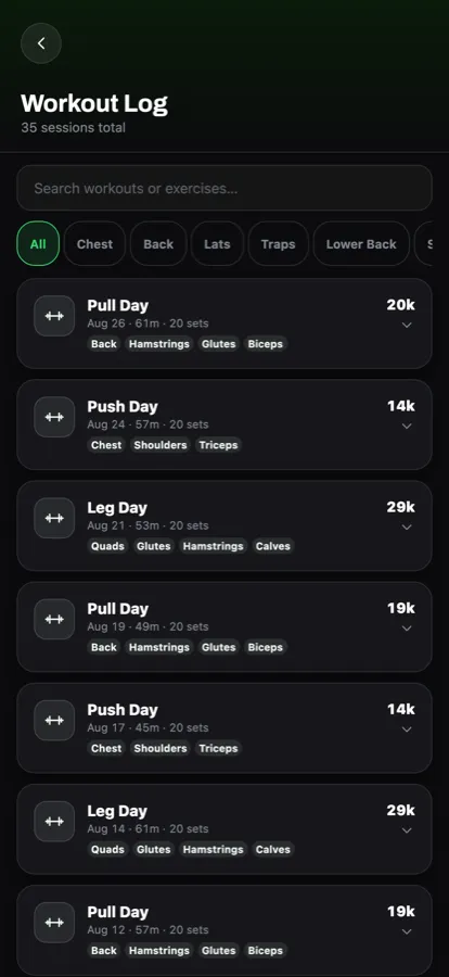 The Ceko workout log listing sessions with volume and muscle tags