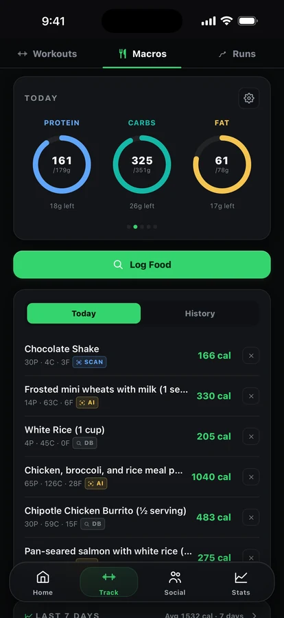The Ceko macro tracker showing calories remaining, logged meals and a seven day chart